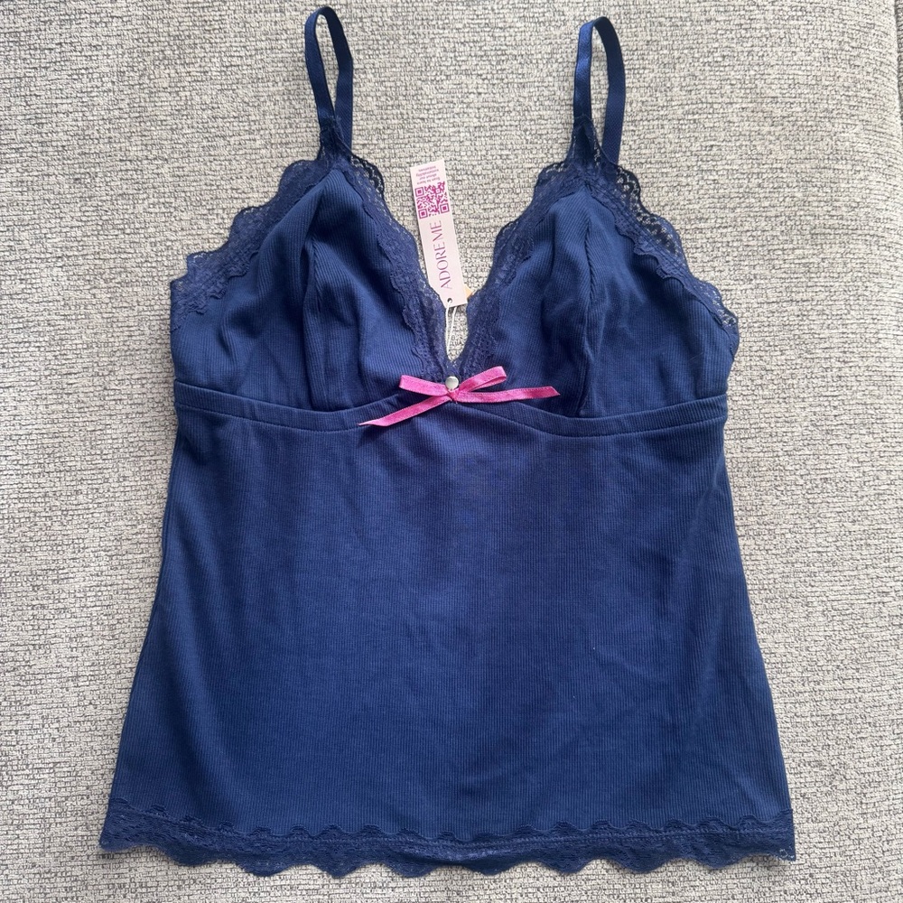 Adore Me Navy Lace-Trim Camisole with Pink Bow